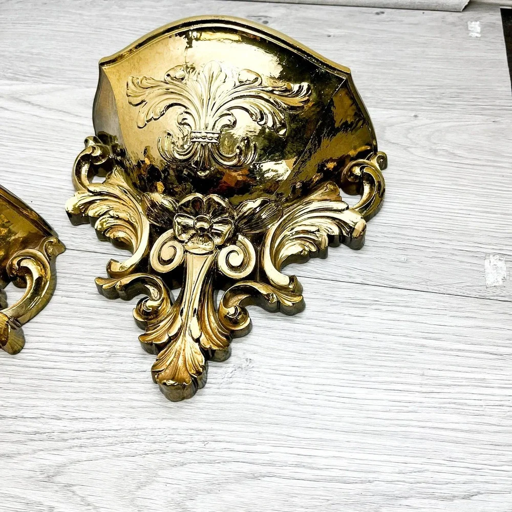 Ornate Gold Plastic Wall Shelf Set: Mid-Century Gothic Decor